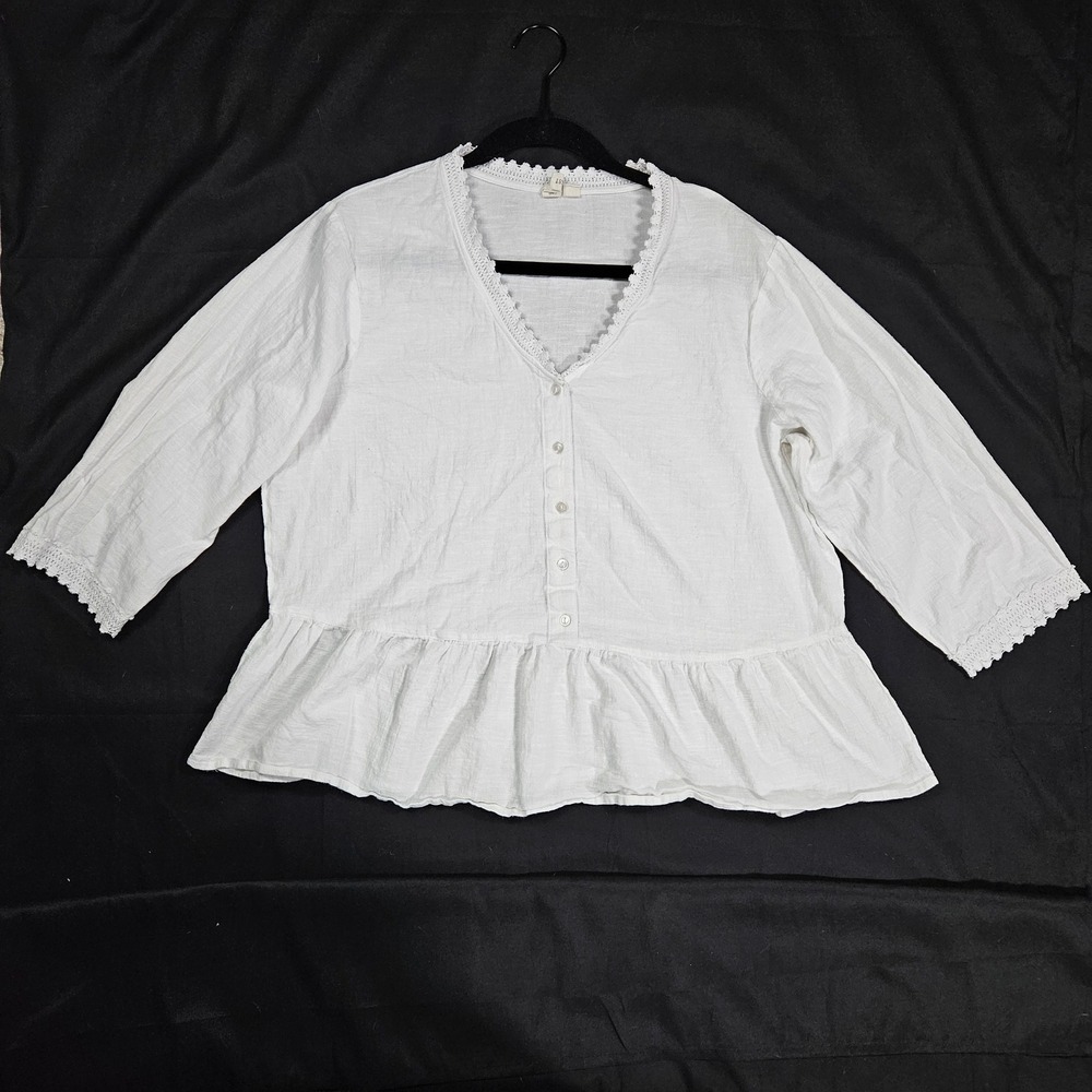 Studio West Womens XL White Cotton Gauze Peplum Blouse Crochet Trim V-Neck Top